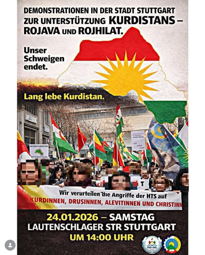 Veranstaltungsflyer für Demonstration am 24. Januar 2026 in Stuttgart mit einem Aufruf zur Unterstützung „Kurdistans“ aufgerufen. Darauf sind Demonstrierende zu sehen sowie die Umrisse und die Flagge des von der PKK angestrebten Staates 