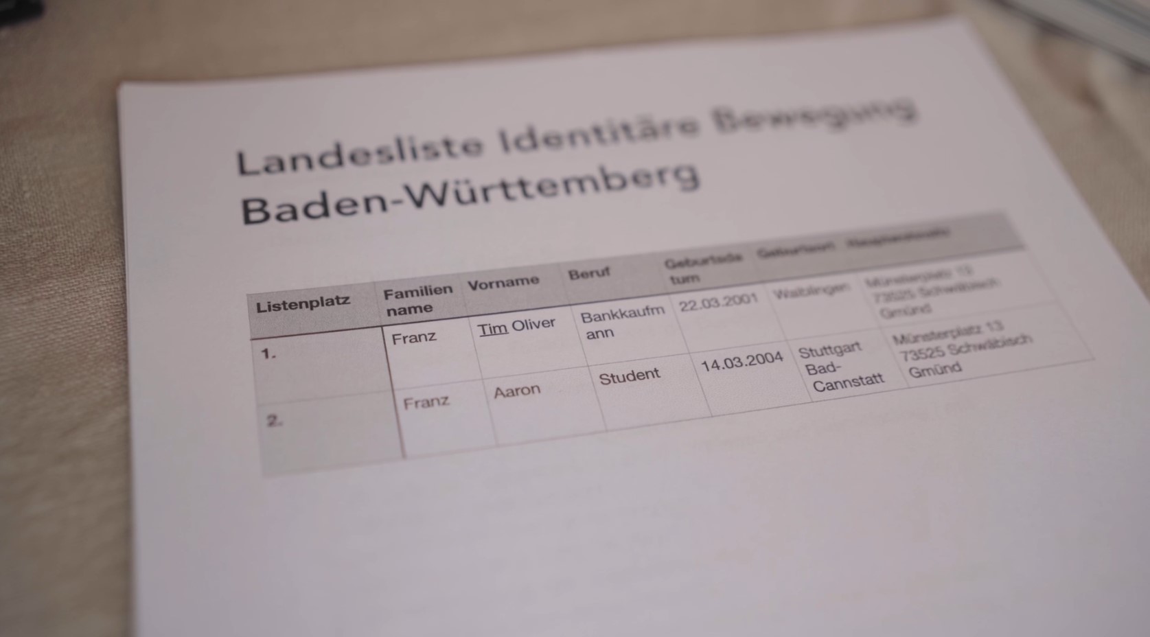 Videoausschnitt aus dem Beitrag der IBD zur Ankündigung der Teilnahme an der baden-württembergischen Landtagswahl am 8. März 2026 auf Telegram. Zu sehen ist dabei die vermeintliche Landesliste für die Wahl. Beim Wohnort gaben die beiden R21-Aktivisten die Anschrift der Kreisgeschäftsstelle der Partei „Bündnis 90/DIE GRÜNEN“ in Schwäbisch Gmünd an – offenbar eine bewusste Provokation, um die demokratische Partei zu delegitimieren.