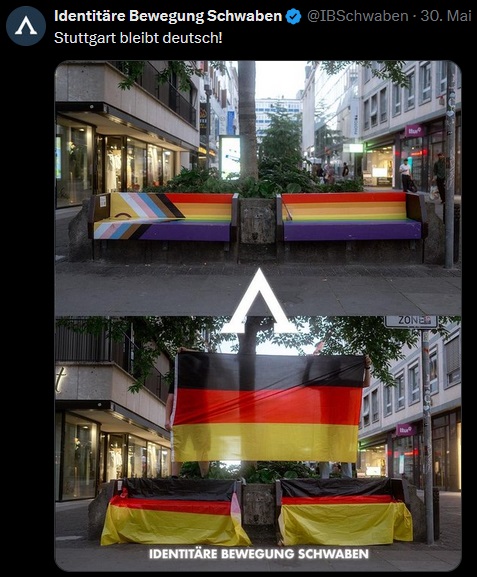 Erst im November 2025 hatte die Stadt Stuttgart in der Innenstadt eine Regenbogen-Bank eingeweiht, um ein Zeichen gegen Anfeindungen und Gewalt gegenüber queeren Menschen zu setzen. Einige Monate später wurde die Bank von Aktivisten der rechtsextremistischen IB Schwaben mit Deutschlandflaggen verhüllt. Damit wollten sie den eigenen Nationalstolz zum Ausdruck bringen. In dem Ausruf „Stuttgart bleibt deutsch!“, mit dem die Aktivisten ihre Aktion im Anschluss in den sozialen Medien bewarben, tritt zudem die fremdenfeindliche Haltung der IBD zutage. Deren Anhänger nehmen für sich in Anspruch, vermeintlich lokale, regionale, nationale und europäische Identitäten oder Kulturen zu bewahren. Diese sehen sie durch die Migrationsbewegungen nach Europa und die angebliche „Islamisierung“ des Kontinents bedroht. Das Bild verdeutlicht, mit welcher Intensität die IB Schwaben Zeichen im Stadtbild setzt und damit die Durchsetzung ihrer Ziele betreibt. 