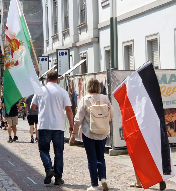 Teilnehmer des Bundesstaatentreffens in Karlsruhe mit historischen Fahnen
