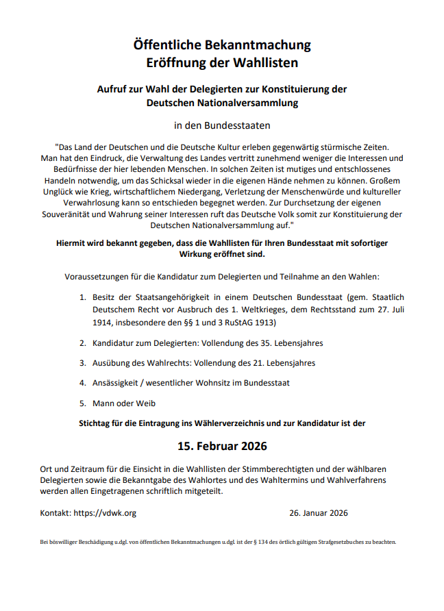 Plakat, auf dem der VDKW zu Wahlen aufruft. 