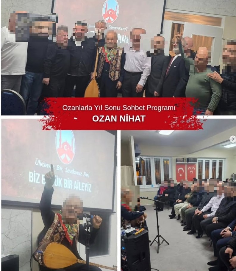Instagram-Beitrag des ADTÜDF-Vereins Reutlingen zum Konzert von „Ozan Nihat“. Ein Teilnehmer zeigt mit zusammengeführten Fingern den Wolfsgruß, der als bekanntestes Symbol der „Grauen Wölfe“ die Ideologie der Szene versinnbildlicht. 