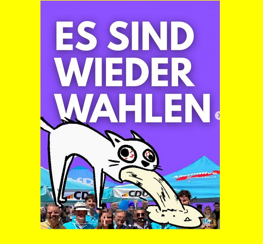 Instagram-Posting mit der Comiczeichnung einer sich übergebenden Katze vor AfD- und CDU-Schirmen. Darüber befindet sich der Schriftzug 